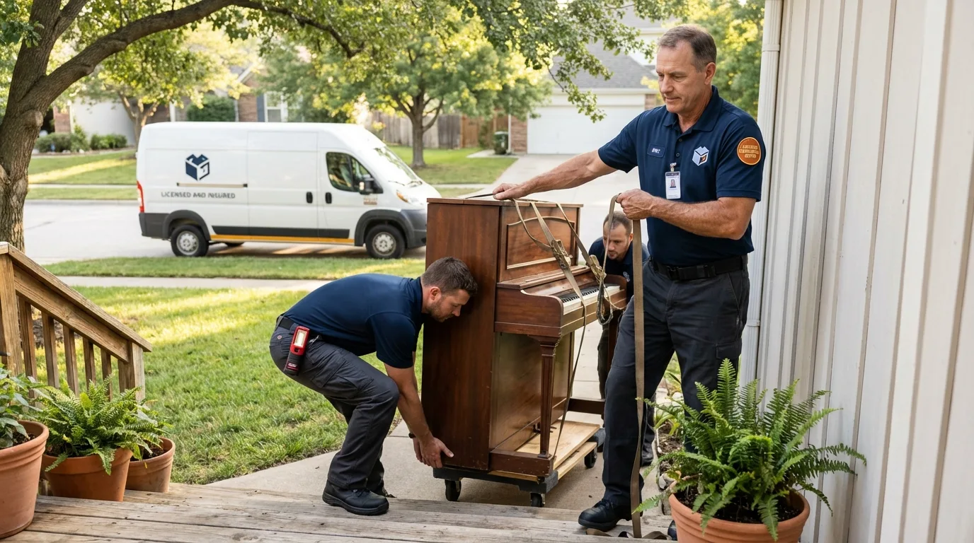 Licensed piano movers securing grand piano in Icard, NC